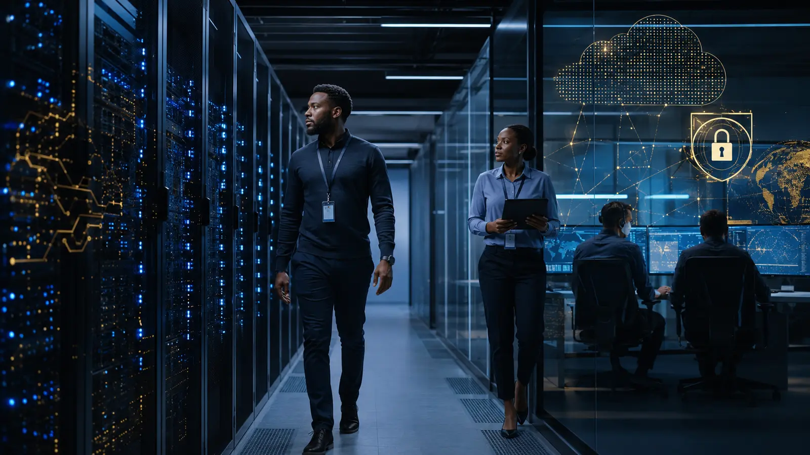 Spécialistes africains de la cybersécurité dans un datacenter moderne