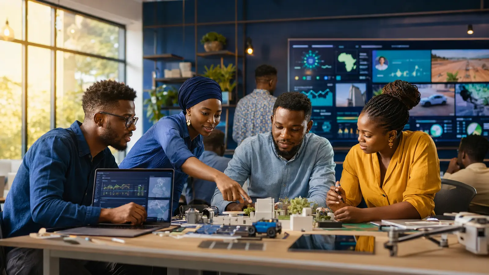 Équipe d’ingénieurs et entrepreneurs ouest-africains concevant des solutions locales