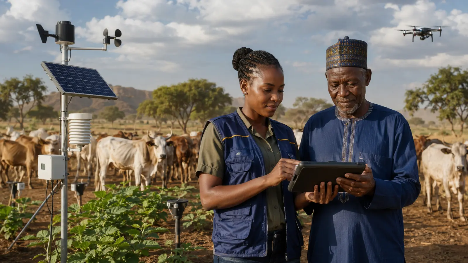 Agronome et éleveur africains utilisant des capteurs, une tablette et un drone